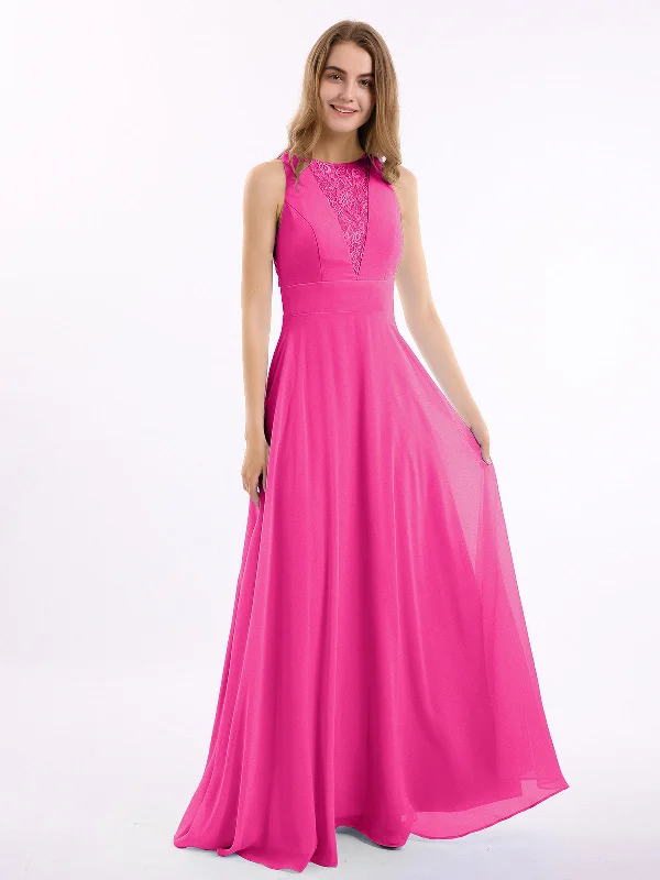 Lace Deep V-neck and Back Chiffon Long Dresses-Fuchsia Tunics Luxurious high-end