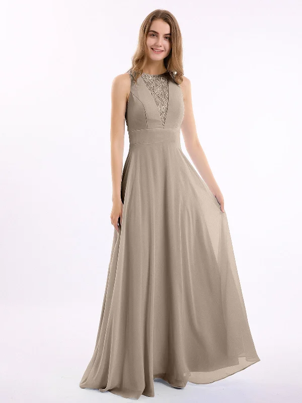 Lace Deep V-neck and Back Chiffon Long Dresses-Taupe Tunics Luxurious high-end