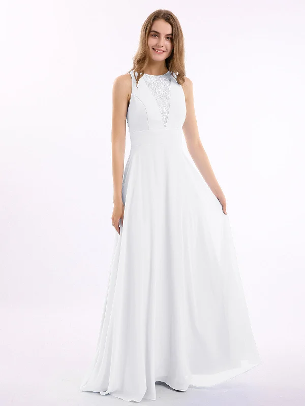 Lace Deep V-neck and Back Chiffon Long Dresses-White Tunics Party sparkling