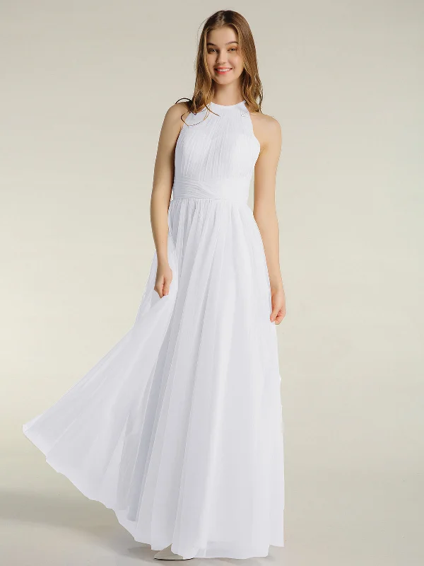 Illusion Neck Corss Waist Tulle Dresses-White Boat Neckline Classic