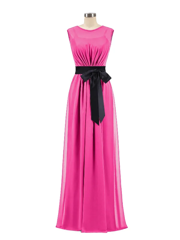FAUX-Wrap Chiffon Dress with Black Waistband-Fuchsia Tunics Chinos classic