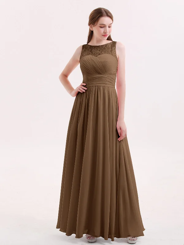 Illusion Neck Chiffon and Lace Long Dresses-Brown Tunics Stylish elegant