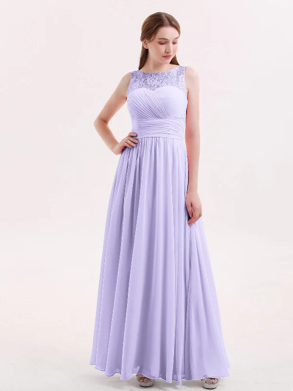 Illusion Neck Chiffon and Lace Long Dresses-Lilac Tunics Practical easy-care