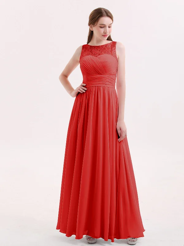 Illusion Neck Chiffon and Lace Long Dresses-Red Square Neckline Feminine