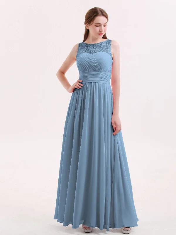 Illusion Neck Chiffon and Lace Long Dresses-Slate Blue Tunics Travel practical