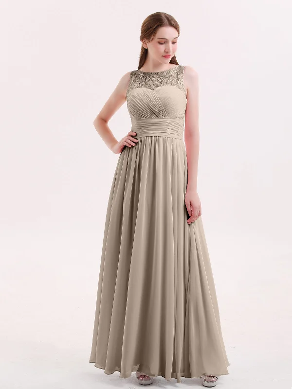 Illusion Neck Chiffon and Lace Long Dresses-Taupe Tunics Top rated