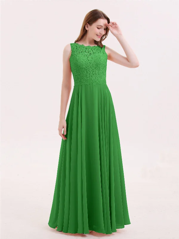 Lace Bodice Chiffon Skirt Long Dress-Green A-Line Day Work