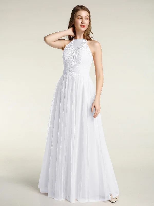 Lace Bodice and Tulle Skirt Long Dresses-White empire Waist empire