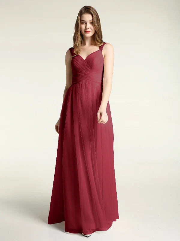 Cross-Pleated Tulle Long Dresses with Beaded Straps Burgundy Tunics Travel practical