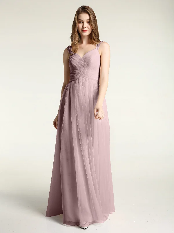 Cross-Pleated Tulle Long Dresses with Beaded Straps Vintage Mauve Tunics Fashionable trendy
