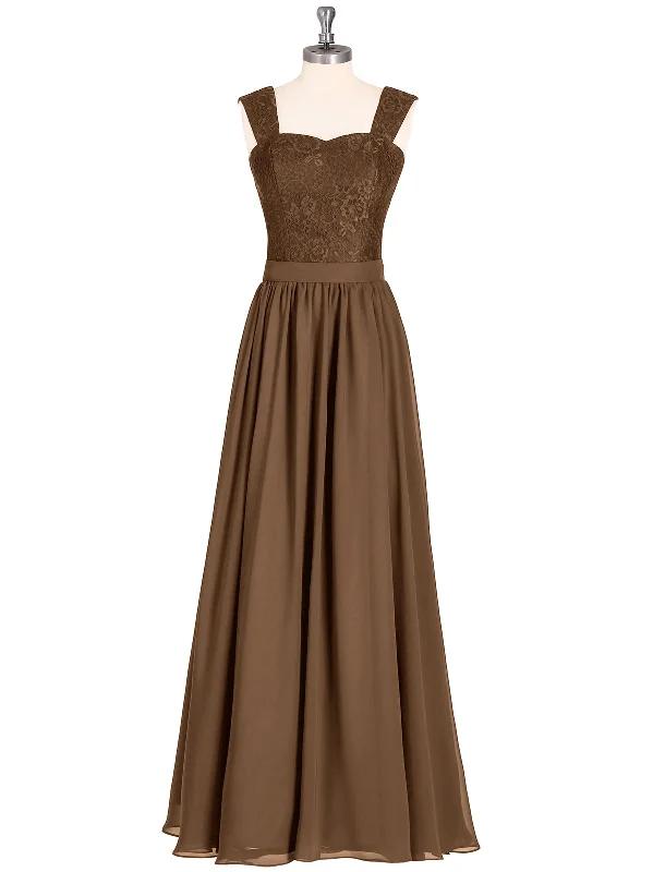 Shoulder Strap Lace AND CHIFFON Long Dress-Brown Tunics Stylish modern