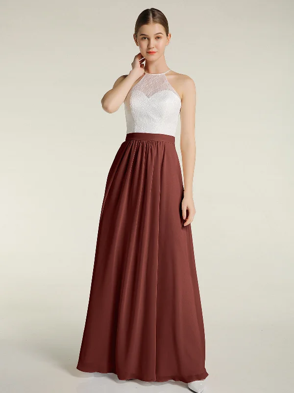 Chiffon Long Dresses with Ivory Lace Bodice-Terracotta Boatneck Modish Everyday