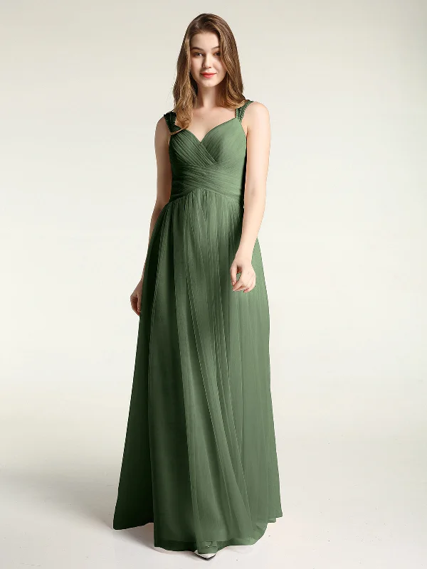 Cross-Pleated Tulle Long Dresses with Beaded Straps Olive Green Tunics Chic elegant