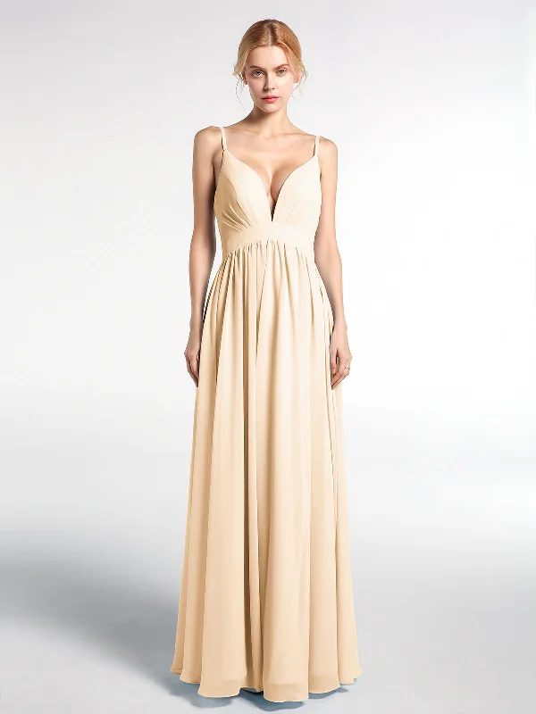Deep V-neck Empire Waist Chiffon Long Dress-Peach Tunics Stylish modern