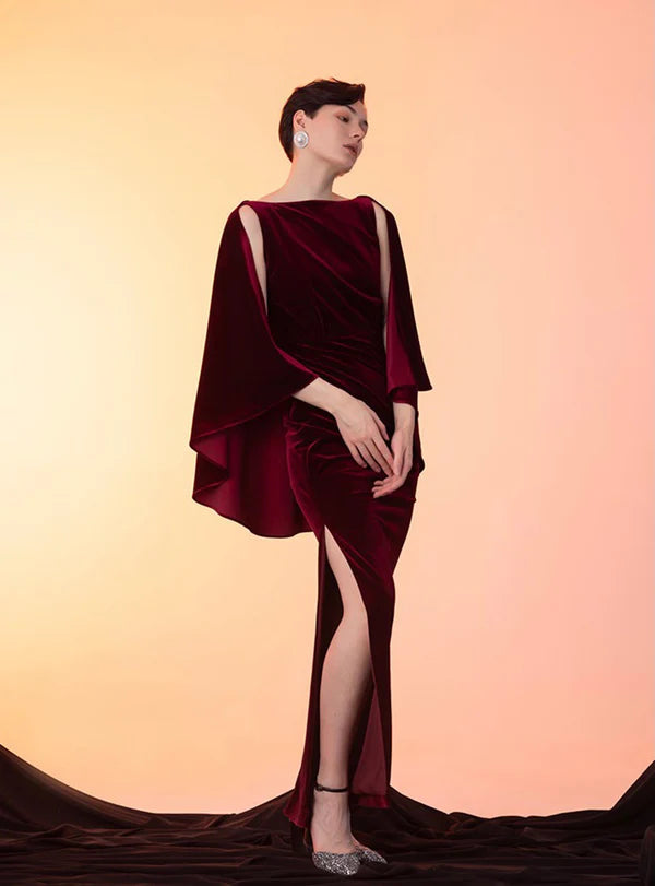 Designer Ruffled Cape low back Pencil skirt sheath Velvet Prom Dress Tunics Recommended stylist
