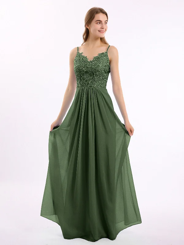 Lace and Chiffon Long Dresses with Spaghetti Straps Olive Green Tunics Sophisticated sleek