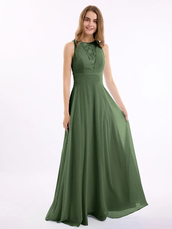 Lace Deep V-neck and Back Chiffon Long Dresses-Olive Green Tunics Exclusive limited