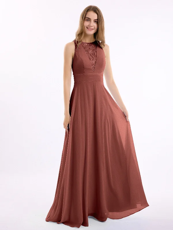 Lace Deep V-neck and Back Chiffon Long Dresses-Terracotta Tunics Lace romantic