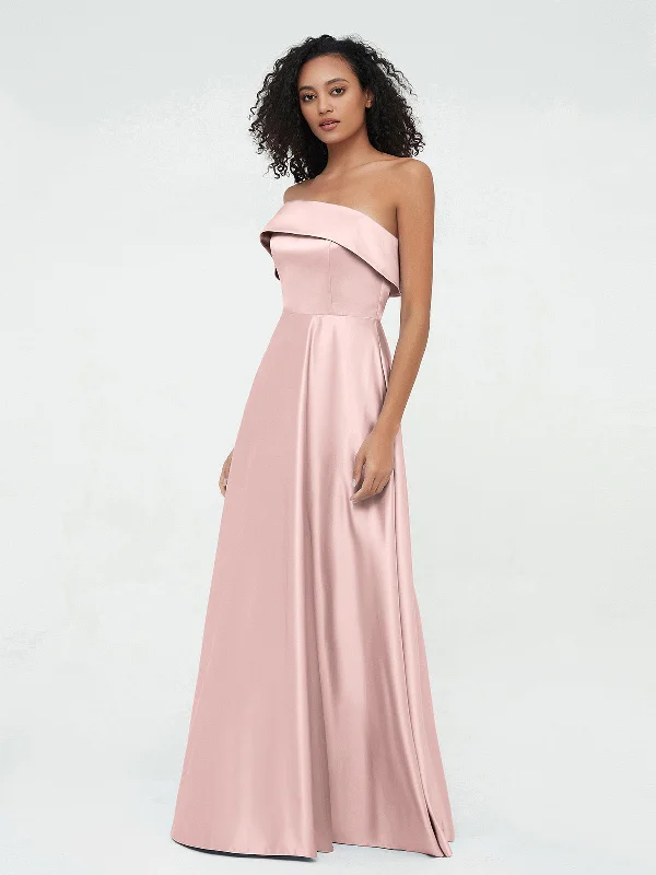 One Shoulder Satin Long Dresses with Pockets-Dusty Rose Tunics Cozy comfortable