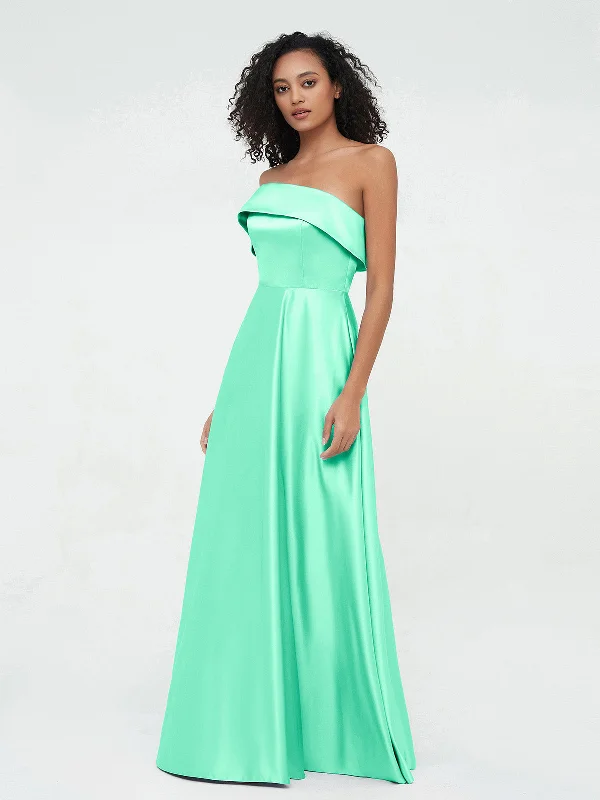 One Shoulder Satin Long Dresses with Pockets-Turquoise Halter Neckline Beach