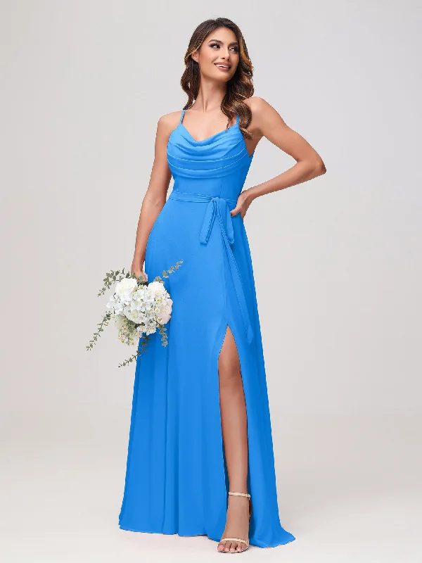 Sexy Cowl Neck Ruched Chiffon Long Dress with Slit Ocean Blue Tunics Sophisticated sleek