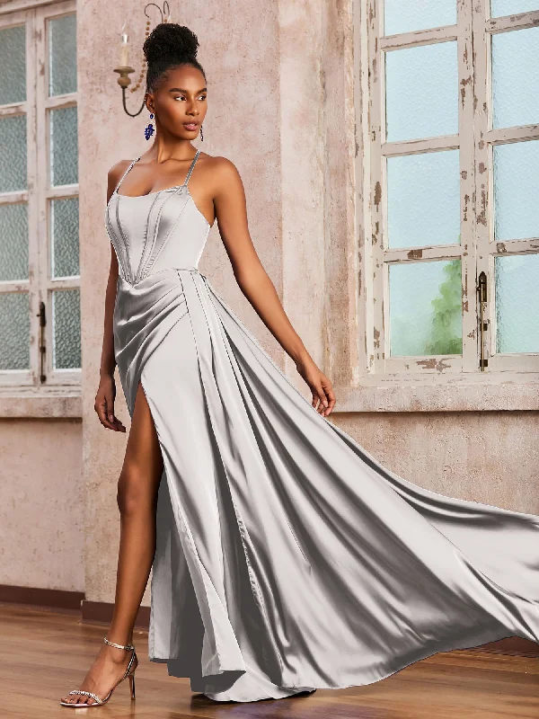 Spaghetti Straps Ruched Long Dress With Ribbons Silver Elegant Long Evening