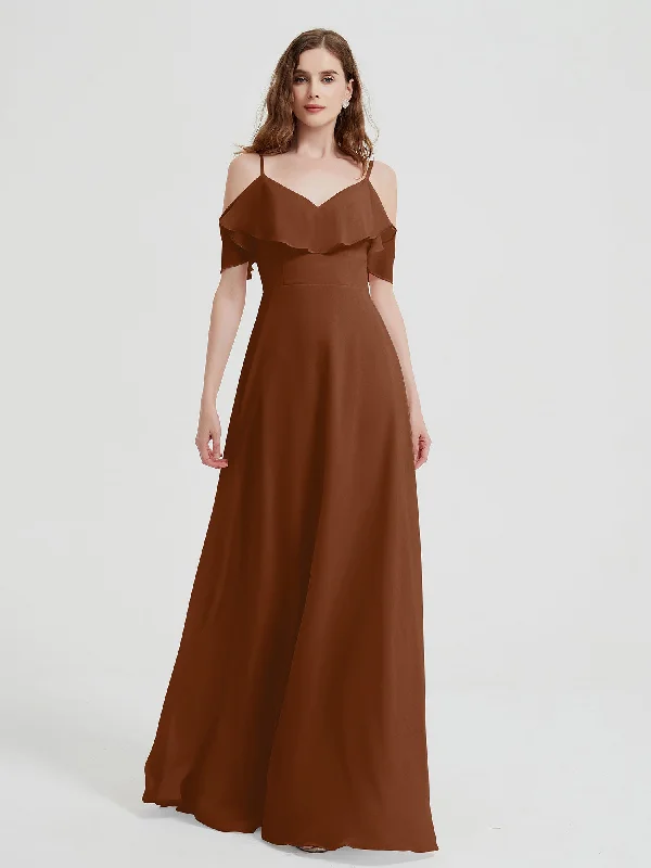 Spaghetti Straps V-neck Chiffon Long Dresses-Terracotta Crew Neckline Sporty