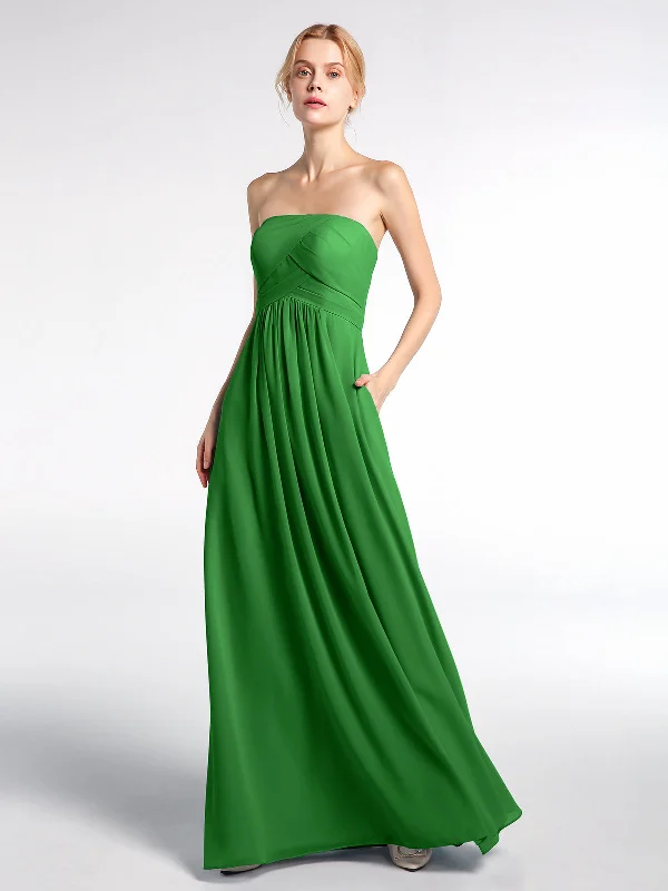 Strapless Chiffon Empire Waist Dress with Pockets-Green Tunics Travel practical
