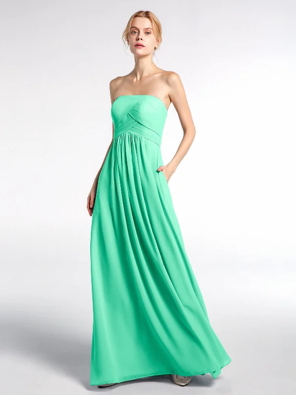 Strapless Chiffon Empire Waist Dress with Pockets-Turquoise Casual Short Summer