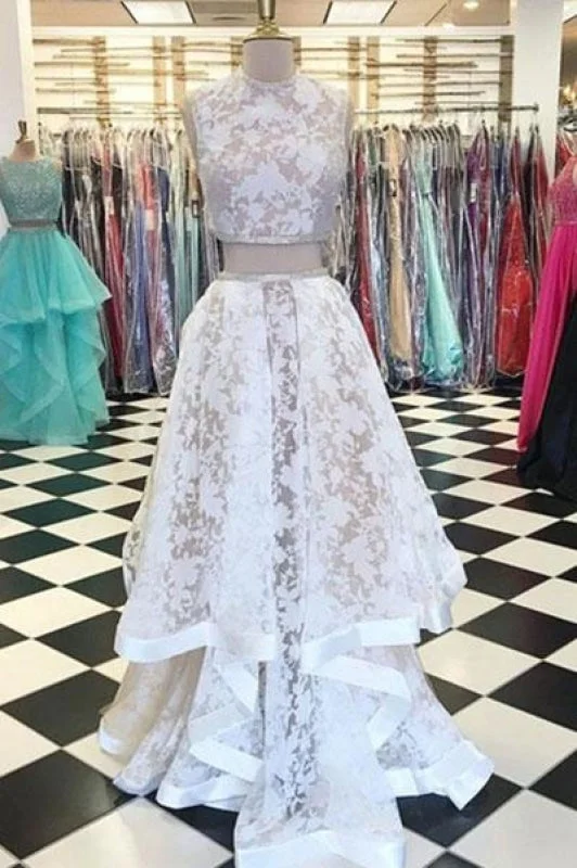 Two Piece Jewel Sleeveless White Lace Long Dress Cheap New Prom Gown Tunics Chinos classic