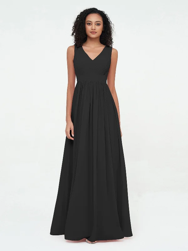 V neck Chiffon Long Dresses with Open Back Black Tunics Trendy modern