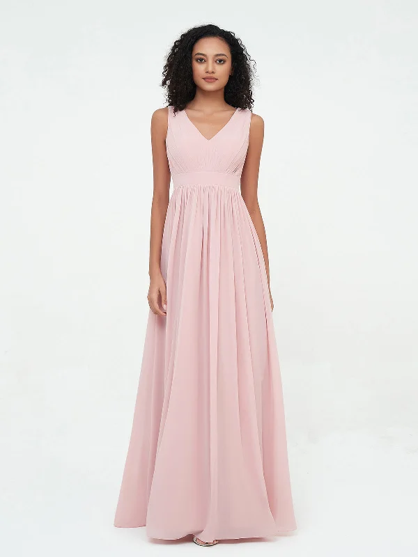 V neck Chiffon Long Dresses with Open Back Dusty Rose Tunics Solid Classic
