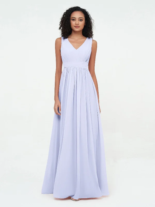 V neck Chiffon Long Dresses with Open Back Lavender Tunics Business professional