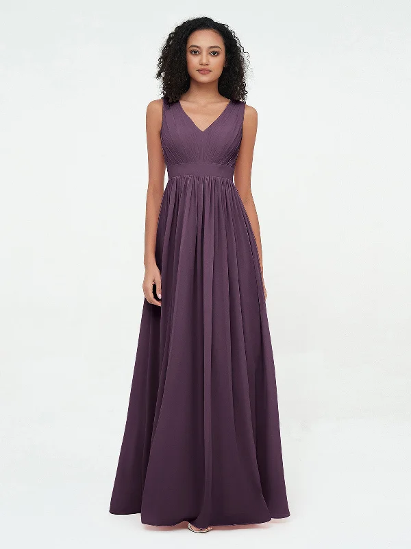 V neck Chiffon Long Dresses with Open Back Plum Cowl Neckline Elegant