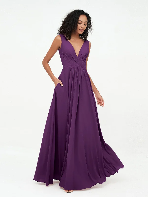 V-neck Chiffon Long Dresses with Pocktes-Grape Tunics Custom made