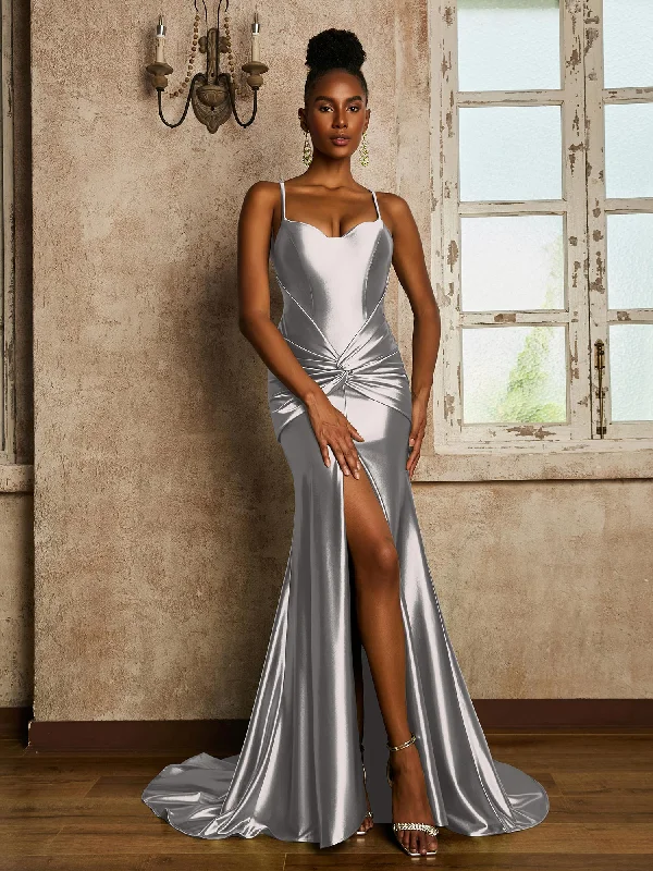 Waist Pleated Mermaid Stretch Satin Dress Silver Maxi Flowy Bohemian