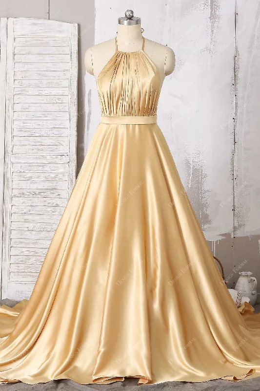 Gold Satin Pleated Halter Open Back Simple A-line Long Dress Tunics Spring floral