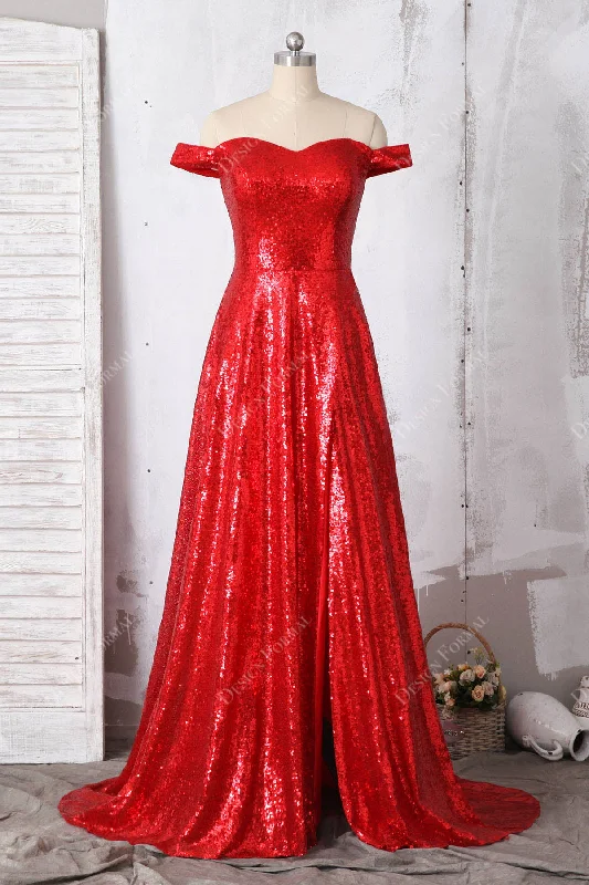 Red Off-shoulder Sparkly Sequin Slit Simple A-line Long Dress Tunics Cozy comfortable