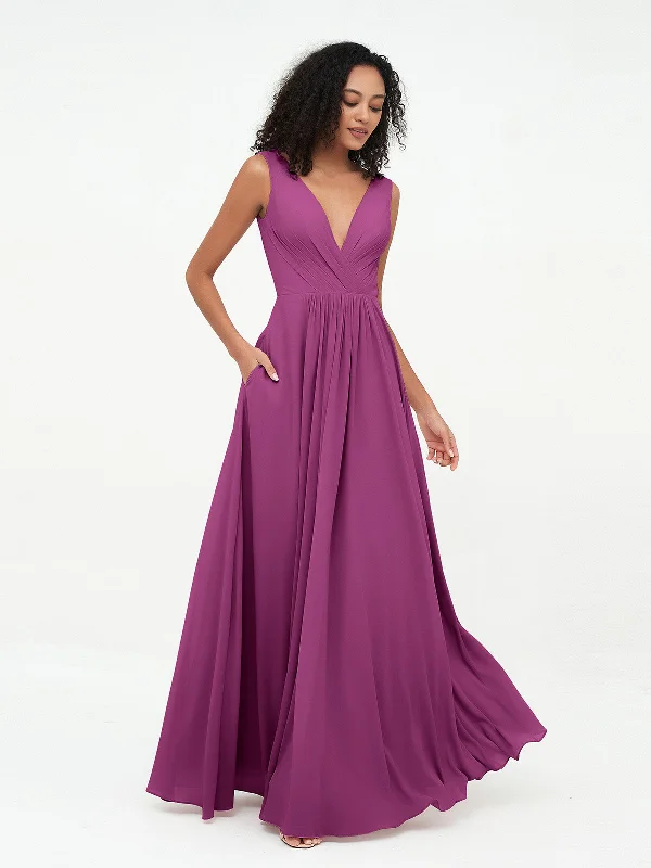 V-neck Chiffon Long Dresses with Pocktes-Orchid Tunics Stylish elegant