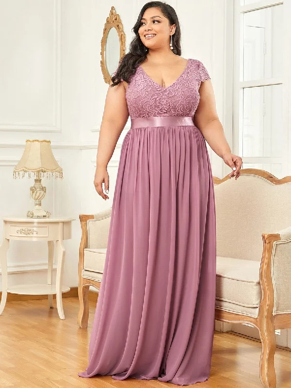 Empire Waist A-Line Lace Cap Sleeve Chiffon Plus Size Mother of the Bride Dress Tunics Practical easy-care