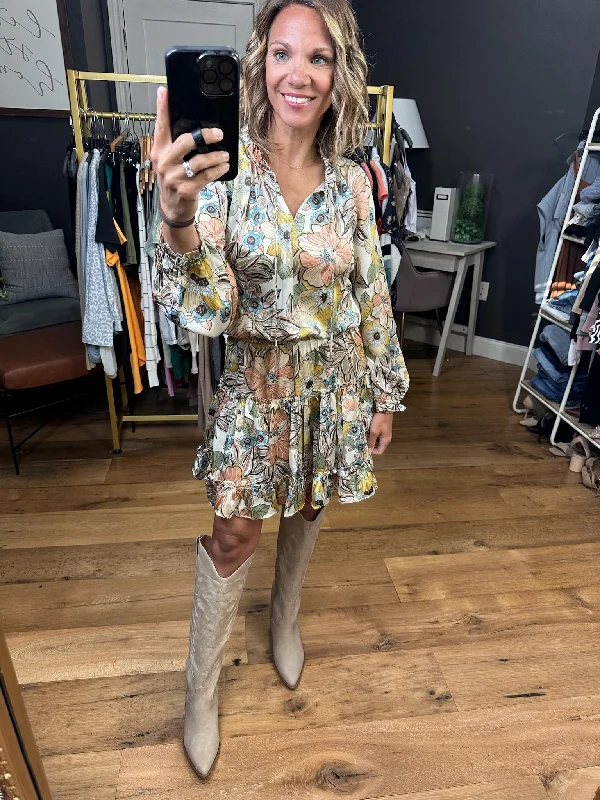 Given the Choice Floral Cinch-Waist Dress - Ecru/Apricot Tunics Denim casual