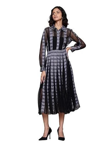 Label RITU KUMAR Collar Neck Full Sleeves Printed Long Dress Black Tunics Corduroy durable