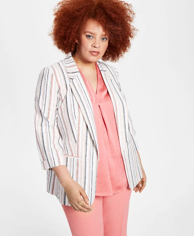 Bar III Womens Plus Cotton Blend Striped Open-Front Blazer Women's Classic Blazer