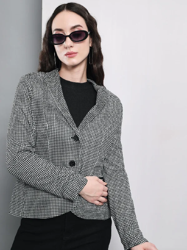 TANDUL  Women Printed Single Breasted Casual Blazer  (Black, White) Women's Luxury Jacket
