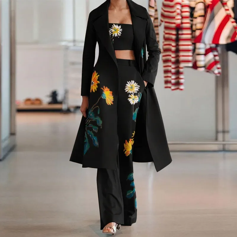Women Autumn And Winter Fashion Printed Long Blazers And Pants Set Women's Vintage Jacket Women Autumn And Winter Fashion Printed Long Blazers And Pants Set Women's Vintage Jacket