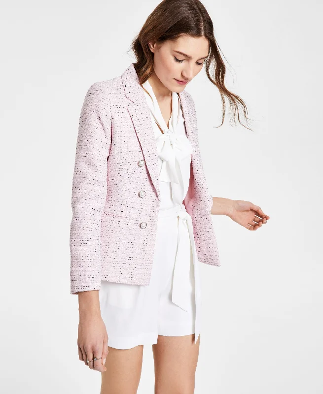 Bar III Novelty Button-Front Tweed Blazer Women's Leather Blazer