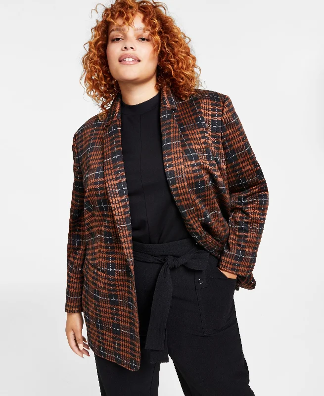 Bar III Plus Size Plaid Notch Collar Blazer Women's Navy Jacket