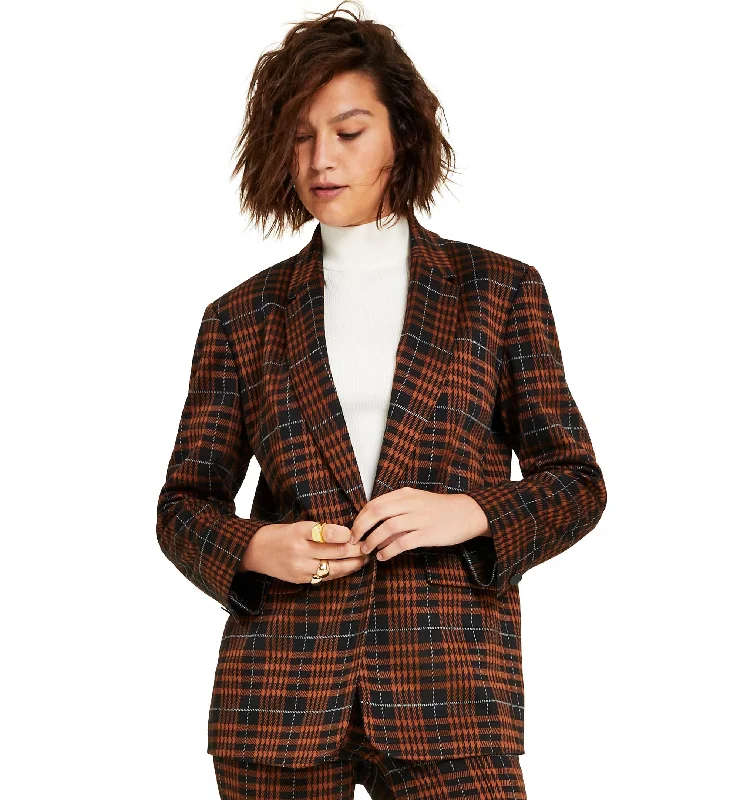Bar III Womens Plaid Notch Collar Blazer Women's Vintage Jacket