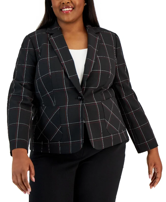 Plus Size Plaid Single-Button Notched-Collar Blazer Women's Custom Jacket