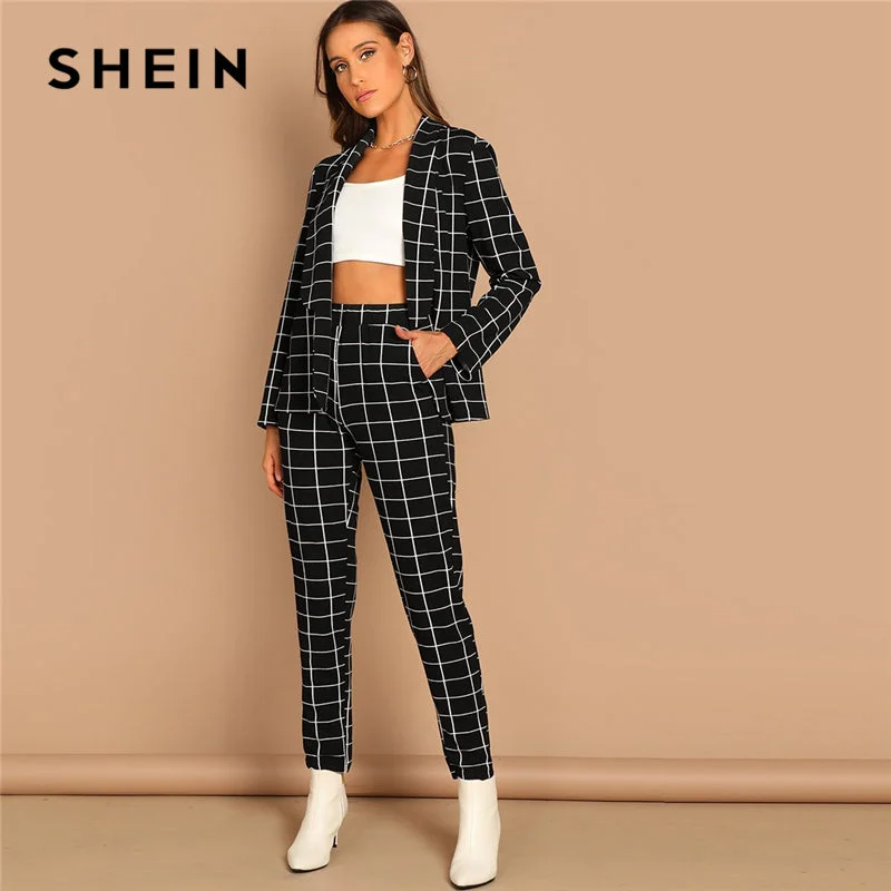 SHEIN Black Stretchy Grid Print Shawl Collar Plaid Long Sleeve Blazer Pants Set Women Autumn Workwear Morden Lady Twopiece Women's Unique Blazer